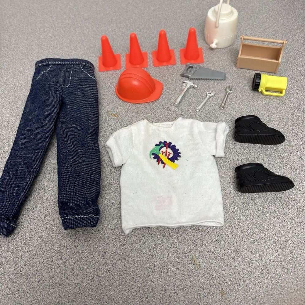 Vintage 1995 Barbie Ken Construction Worker Outfit, Tools, Hat, Cones, Thermos